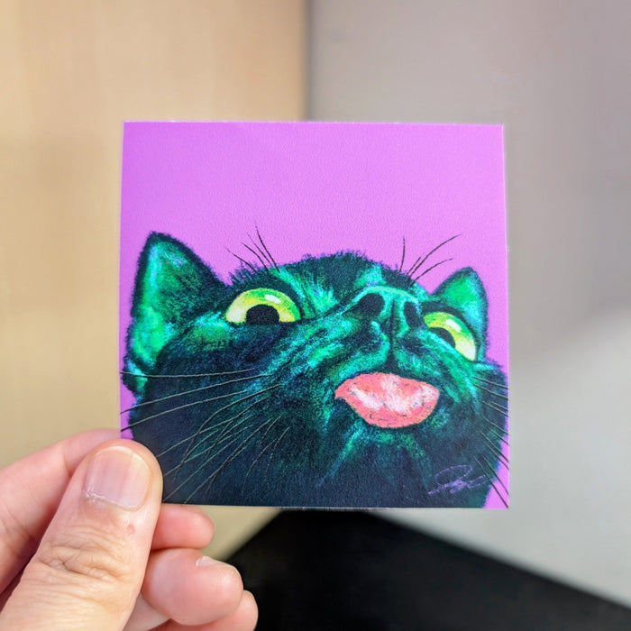 Close Encounters Collection - "Little Mlem" Non-Holographic Matte Sticker - Close Up of a Silly Black Cat