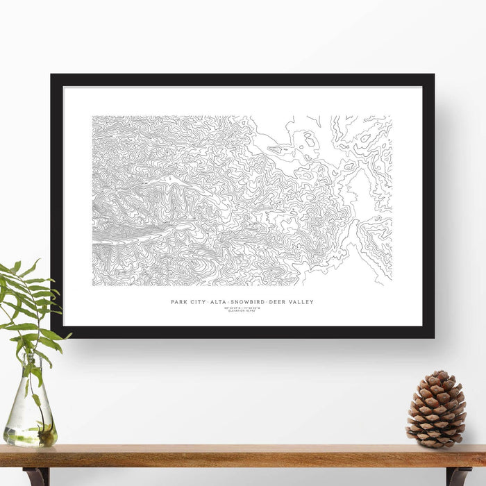 Framed black and white print of Park City Ski Resorts (Alta, Snowbird, Solitude, and Brighton) with topography art.