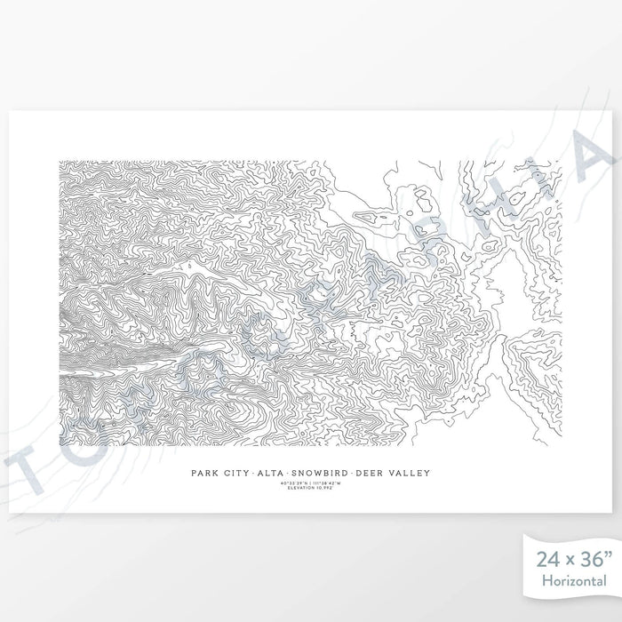 Horizontal Park City Ski Resorts (Solitue, Brighton, Snowbird, and Alta) poster with topography.
