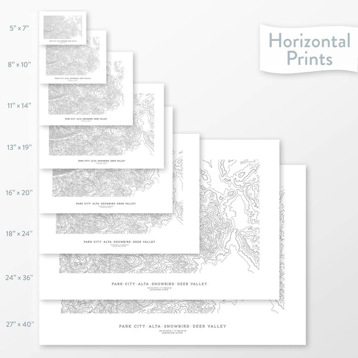 All sizes of horizontal prints for Park City Ski Areas (Deer Valley, Solitude, Brighton, Snowbird, Alta) poster with topographic map.
