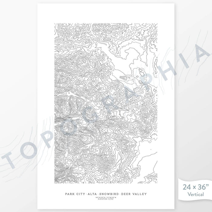 Park City Ski Resorts (Alta, Snowbird, Brighton, and Solitude) poster with black and white contour lines to represent topography