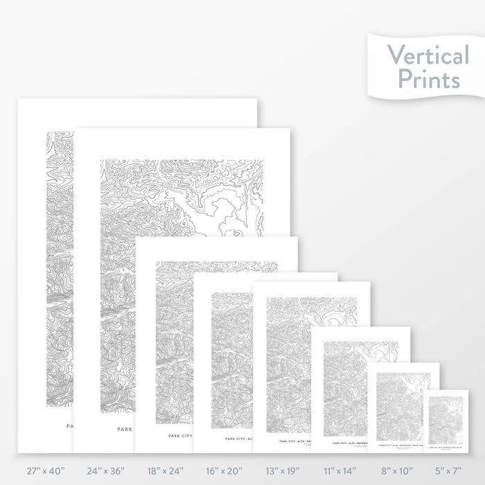 6 sizes of Park City Ski Resorts (Solitude, Alta, Snowbird, Brighton) poster that features a topographic map design.