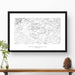 Map wall decor in a black frame. Contour lines of Petrified Forest National Park are drawn on a white background. Text  below the map can be customized to create custom adventure art.