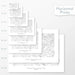 Available sizes for Petrified Forest National Park topographic maps. 5x7, 8x10, 11x14, 16x20, 18x24, 24x36, and 27x40 posters shown. as black and white prints on a gray background.