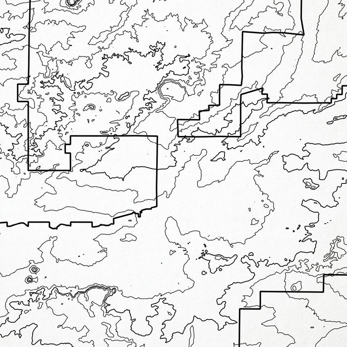 Close-up of black labels and contour lines for Yosemite National Park poster with map art.