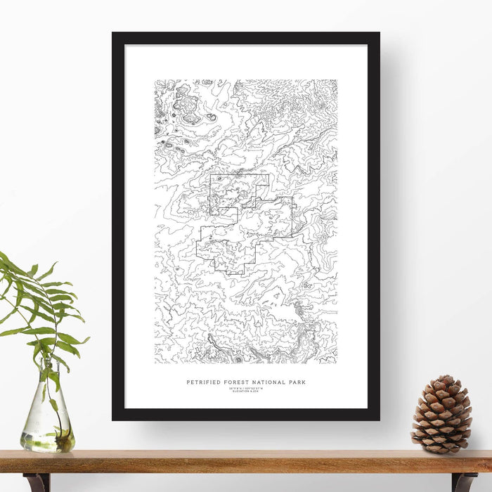 National park print of Petrified Forest with black and white topography in a black 24x36 vertical frame.