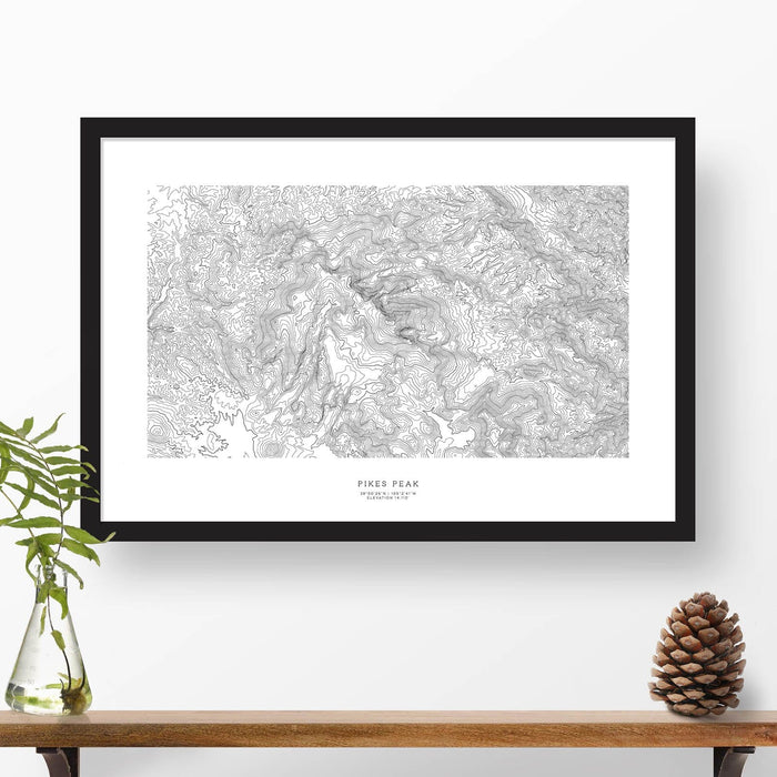 Framed black and white print of Pikes Peak, Colorado with topography art.