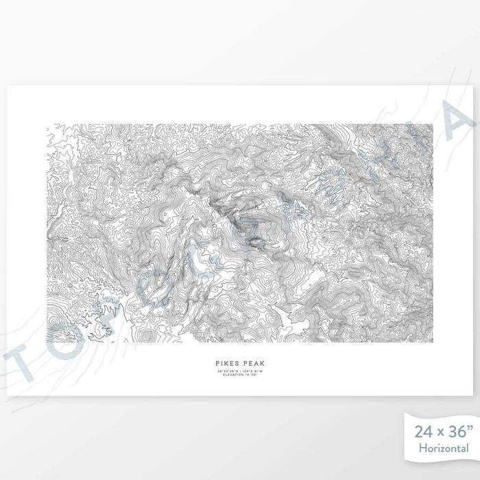 Example topographic map print of Pikes Peak, Colorado. Art uses horizontal orientation. Print shows landscape of the area using contour lines. On the artwork is a title and concise info of location and elevation.