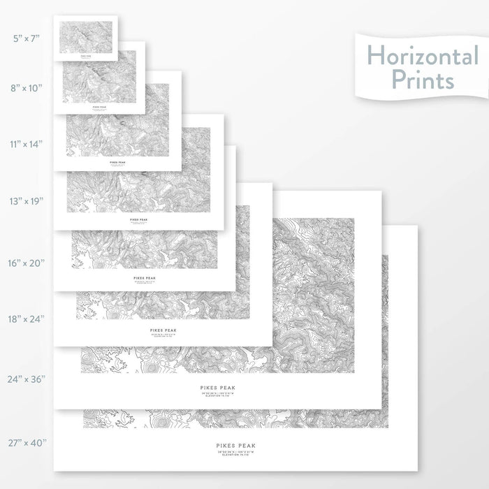 Topographic maps of Pikes Peak, Colorado in multiple sizes, available as posters, framed print, and canvas or framed canvas.