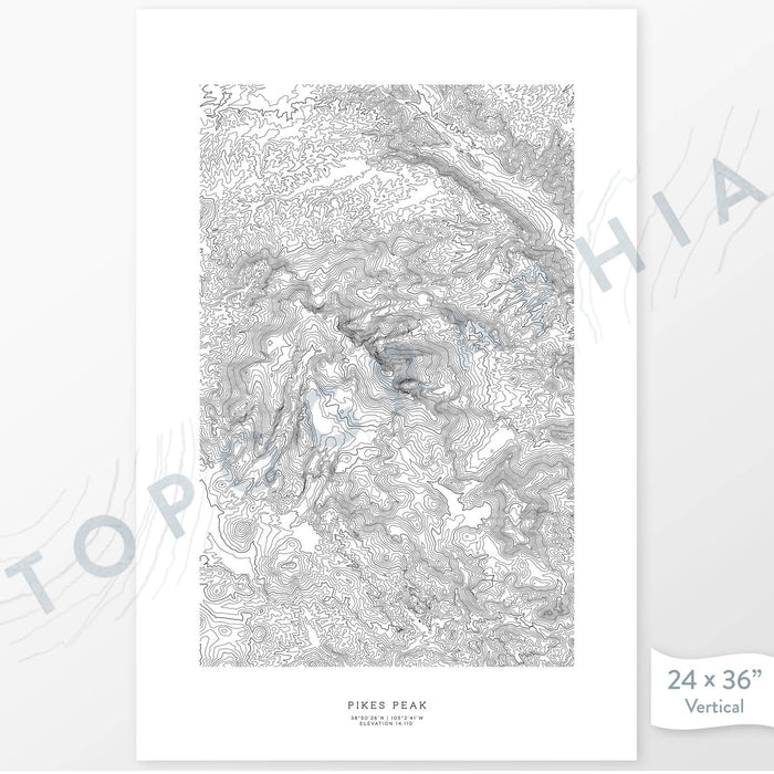 Example art map print of Pikes Peak, Colorado. Art uses verticle orientation. Print shows landscape of the area using elevation data. On the artwork is a title and concise info of location and elevation. Custom map decor