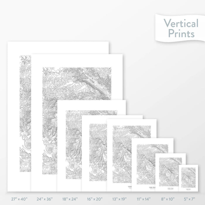 Side-by-side comparison of 8 dimension options for adventure travel art. Prints are decorative topographic maps of Pikes Peak, Colorado.