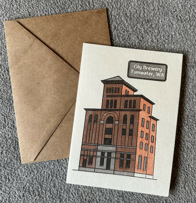 Woodblock print card - Olympia brewery