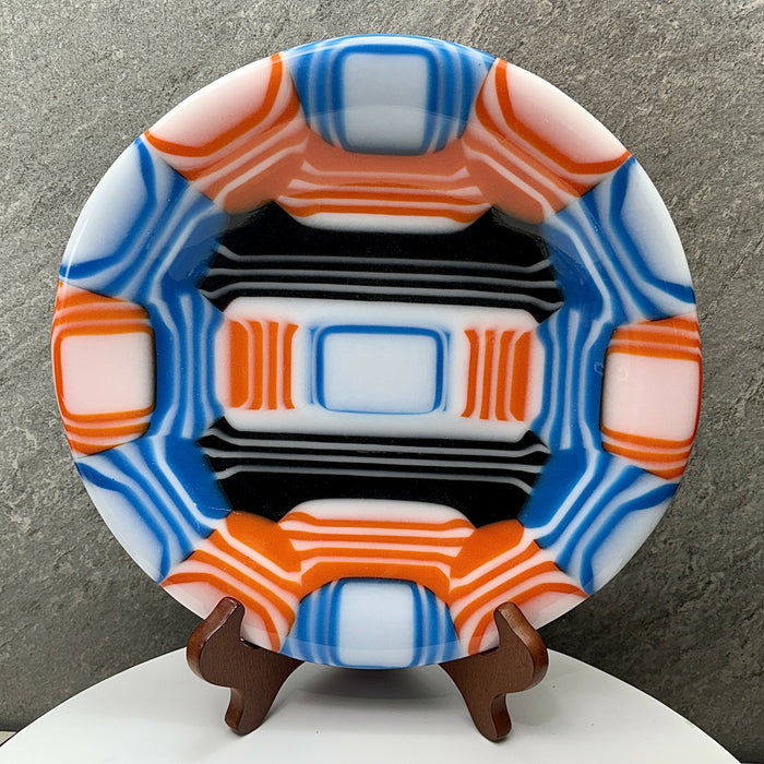 Fused Glass Decorative Plate - Orange, Blue, White, Black