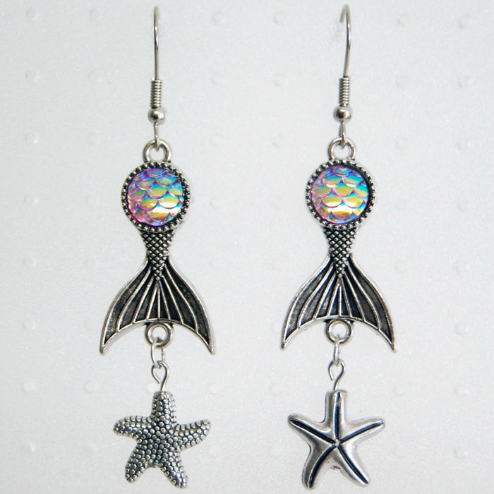 Mermaid Tail and Starfish Dangle Earrings