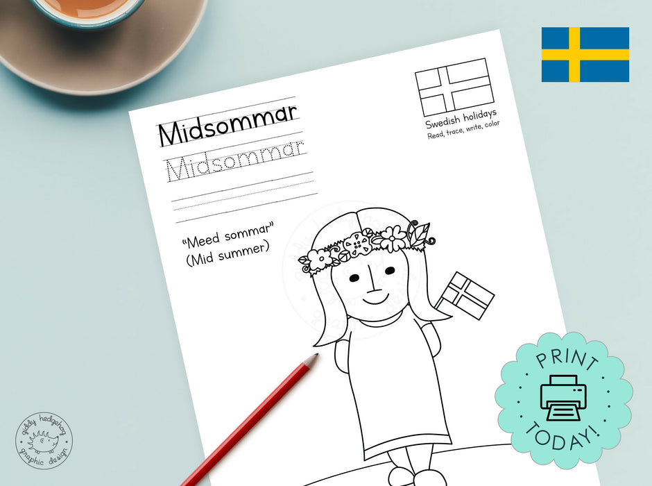 DIY Printable Swedish Midsummer Coloring Page, Instant Download