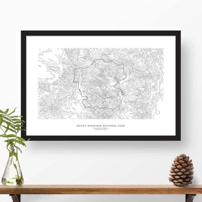 Rocky Mountain National Park topographic map art poster with black frame.
