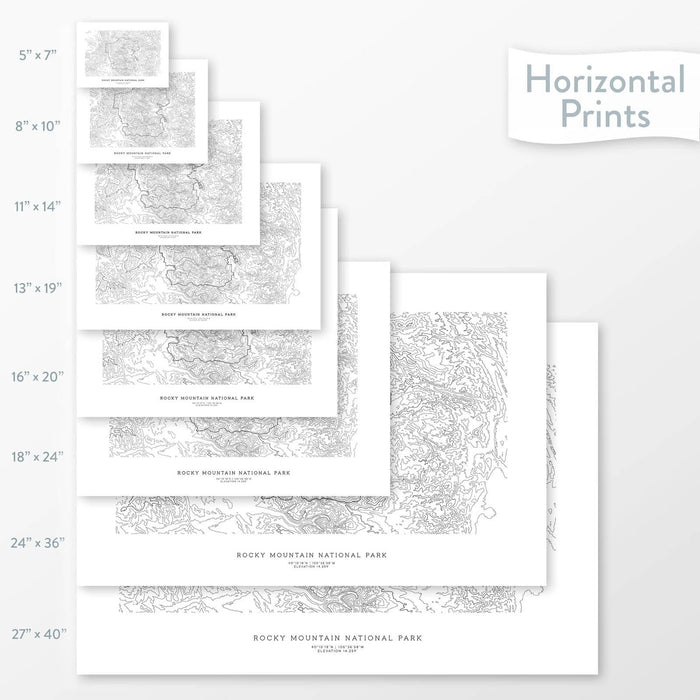 All sizes of horizontal prints for Rocky Mountain National Park poster with topographic map.