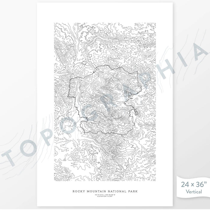 Rocky Mountain National Park poster with black and white contour lines to represent topography