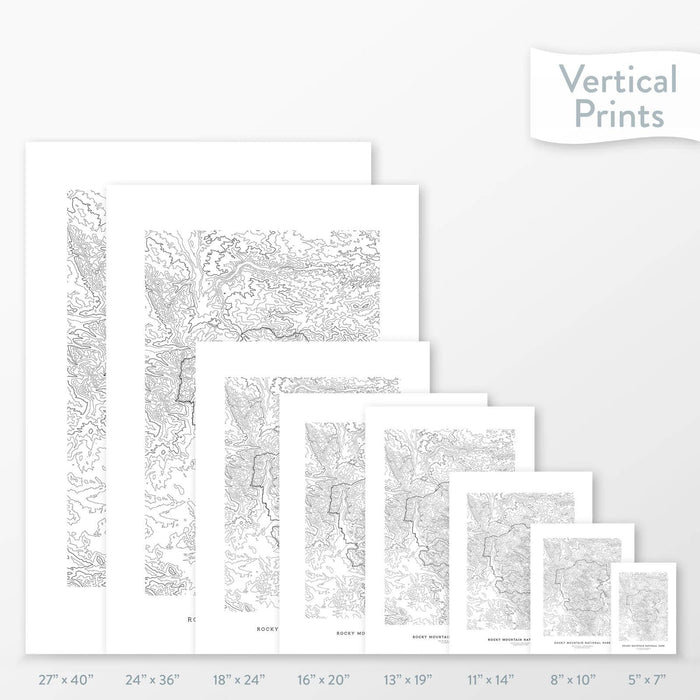 6 sizes of Rocky Mountain National Park poster that features a topographic map design.