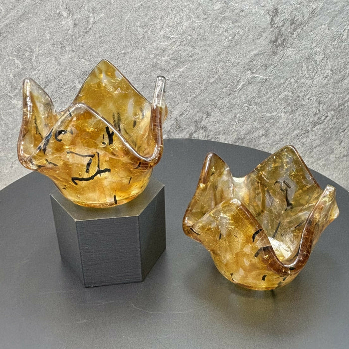 Fused Glass Votives - Iridescent Amber with Black Accents