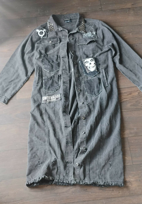 8 pocket goth punk trans black denim trenchcoat