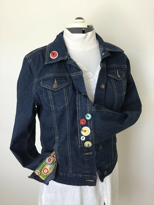 Denim jean jackets with green scarf