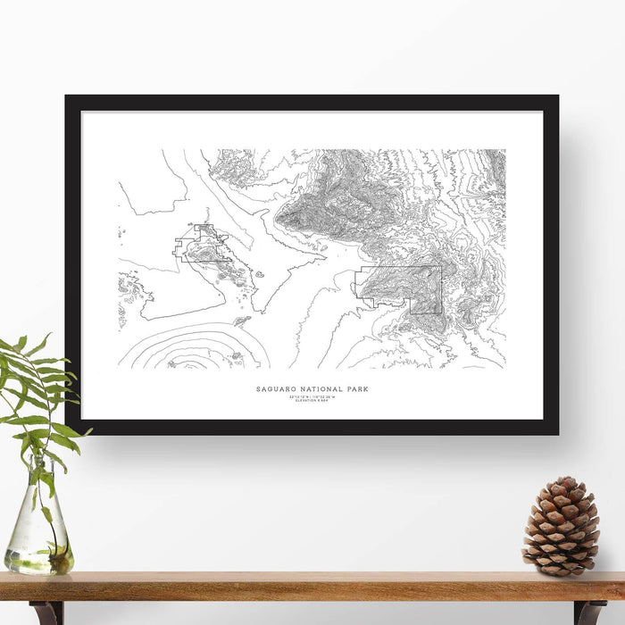 Framed black and white print of Saguaro National Park with topography art.