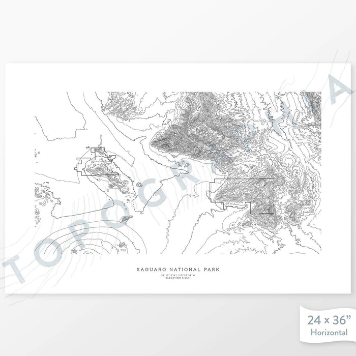 Horizontal custom topo map print of Saguaro National Park. Contour lines show the topography of the area. National Park artwork.