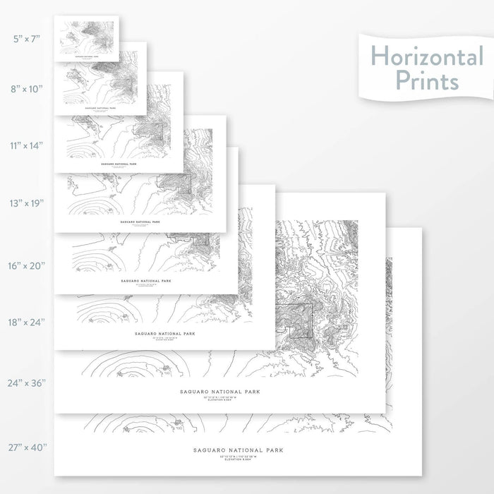 All sizes of horizontal prints for Saguaro National Park poster with topographic map.