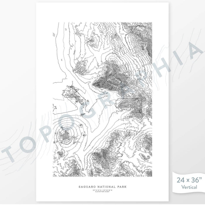 Saguaro National Park poster with topograpy contour lines in black on a white background. Customizable text makes it a great map art gift idea.