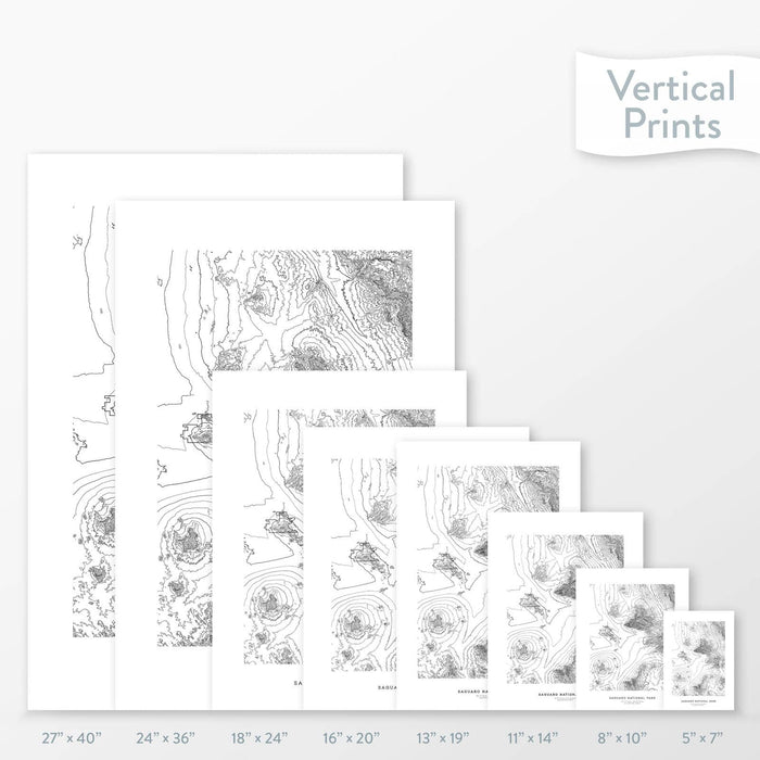 Side-by-side comparison of 8 dimension options for adventure travel art. Prints are decorative topographic maps of Saguaro National Park.