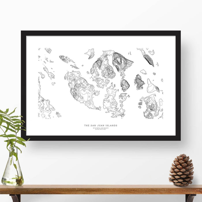 Framed black and white print of San Juan Islands, Washington National Park with topography art.