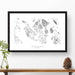 Framed black and white print of San Juan Islands, Washington National Park with topography art.
