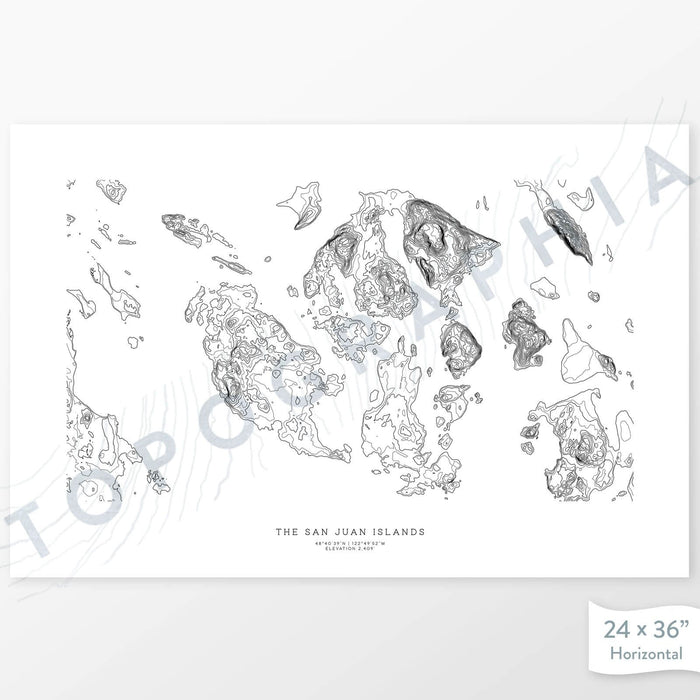 Example topographic map print of the San Juan Islands, Washington. Art uses horizontal orientation. Print shows landscape of the area using contour lines. On the artwork is a title and concise info of location and elevation.