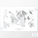 Example topographic map print of the San Juan Islands, Washington. Art uses horizontal orientation. Print shows landscape of the area using contour lines. On the artwork is a title and concise info of location and elevation.