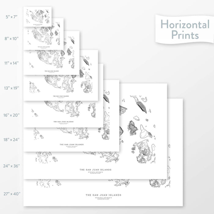 Topographic maps of the San Juan Islands, Washington in multiple sizes, available as posters, framed print, and canvas or framed canvas.