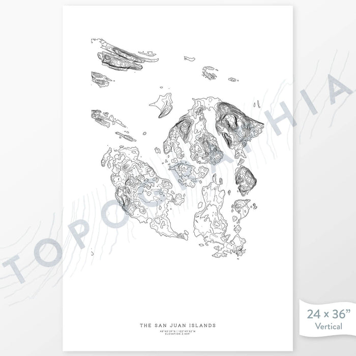 Example art map print of the San Juan Islands, Washington. Art uses verticle orientation. Print shows landscape of the area using elevation data. On the artwork is a title and concise info of location and elevation. Custom map decor