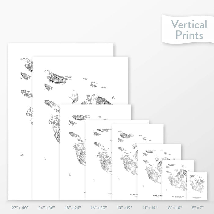 Side-by-side comparison of 8 dimension options for adventure travel art. Prints are decorative topographic maps of the San Juan Islands, Washington.