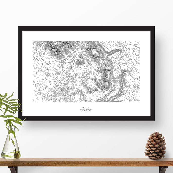 Sedona, Arizona poster with black and white contour lines to represent topography