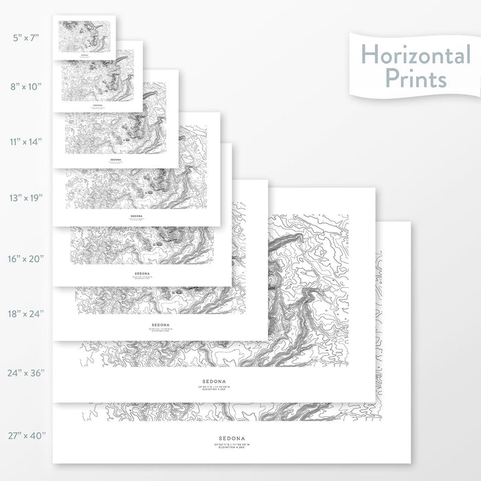 All sizes of horizontal prints for Sedona, Arizona poster with topographic map.