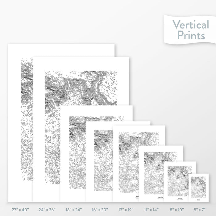 8 sizes of Sedona, Arizona poster that features a topographic map design.