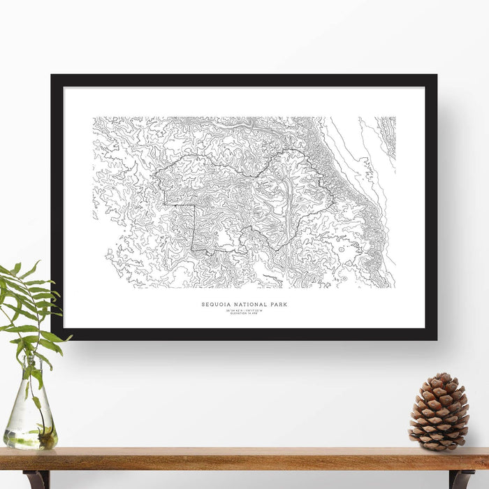 Sequoia National Park topographic map art poster with black frame.