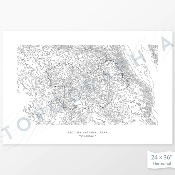 Example topographic map print of Sequoia National Park. Art uses horizontal orientation. Print shows landscape of the area using contour lines. On the artwork is a title and concise info of location and elevation.