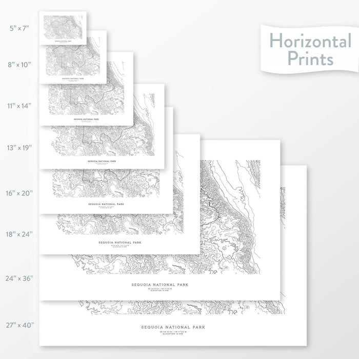 Topographic maps of Sequoia National Park in multiple sizes, available as posters, framed print, and canvas or framed canvas.