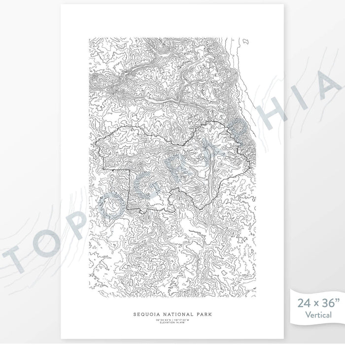 Example art map print of Sequoia National Park. Art uses verticle orientation. Print shows landscape of the area using elevation data. On the artwork is a title and concise info of location and elevation. Custom map decor