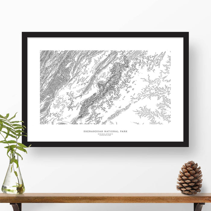 Framed travel art of Shenandoah National Park, featuring topography map art in black and white.