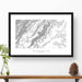 Framed travel art of Shenandoah National Park, featuring topography map art in black and white.