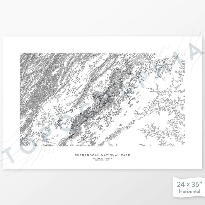 Example topographic map print of Shenandoah National Park. Art uses horizontal orientation. Print shows landscape of the area using contour lines. On the artwork is a title and concise info of location and elevation.