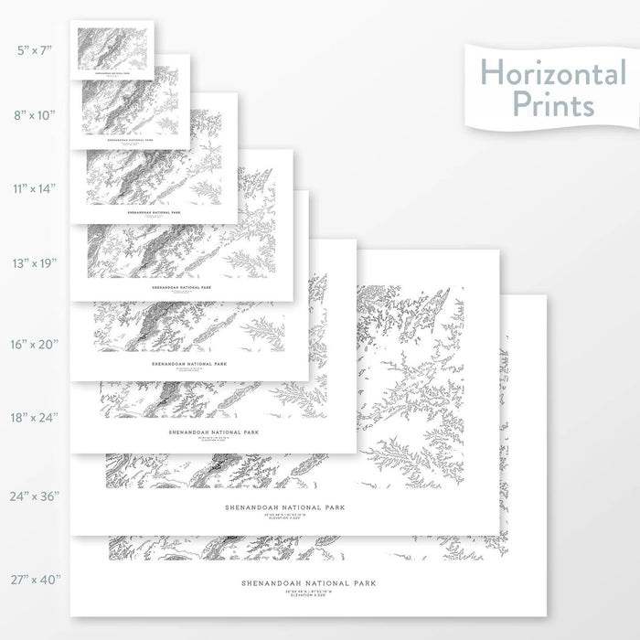 National park art of Shenandoah. Map wall decor is available in multiple sizes: 5x7, 8x10, 11x14, 16x20, 18x24, 24x36, and 27x40.