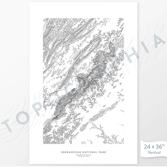 Shenandoah National Park poster with topograpy contour lines in black on a white background. Customizable text makes it a great map art gift idea.